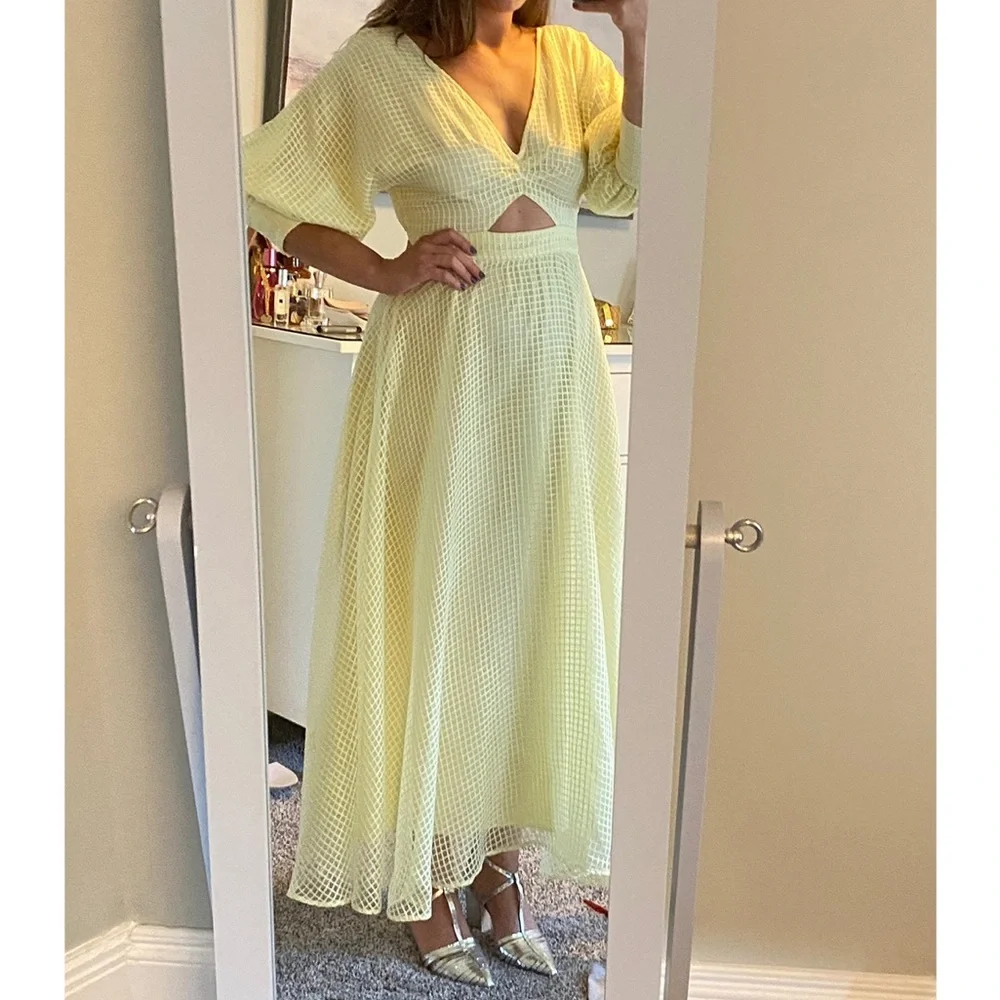 ASOS Pale Yellow Midi Dress with Puff Sleeves - Picture 7 of 8